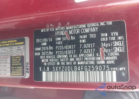 2015 Hyundai Santa Fe Sport 2.4L from USA, damaged, VIN 5XYZUDLB4FG259075